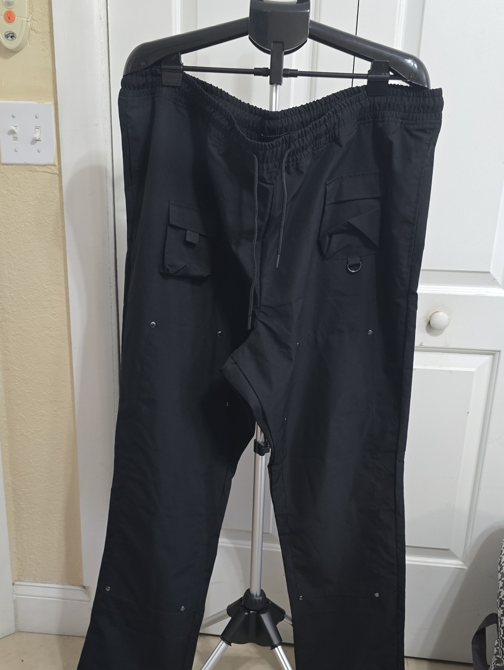 Mens Reason Black Cargo Pants with Utility Pockets. Elastic Cuff At The Hem.